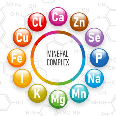 Sağlıklı beslenme mineral kompleksi. Kimyasal formüllerin arka planında mineral simgelerinin çizimi. Tıp ve sağlık hizmetleri kavramı. Vektör