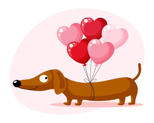 Netter Hundedackel Mit Herzförmigen Luftballons Geburtstagkarte Cartoon Stil Vektor — Stockvektor