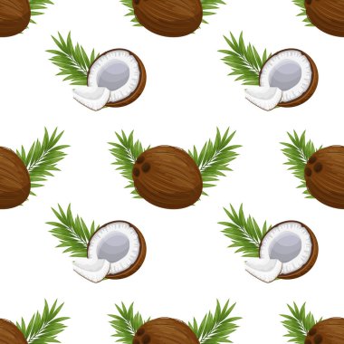 Kusursuz desen, hindistan cevizi, dal, hindistan cevizi yarımları ve beyaz arka plandaki parçalar. Tropik arkaplan, baskı, tekstil, duvar kağıdı, vektör