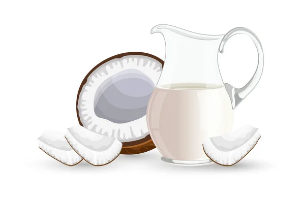Μισή Καρύδα Κομμάτια Καρύδας Και Μια Κανάτα Γάλα Λευκό Φόντο — Διανυσματικό Αρχείο