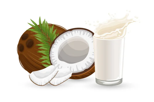 Kokos Půl Kokosu Kousky Kokosu Sklenici Mléka Šplouchnutím Bílém Pozadí — Stockový vektor