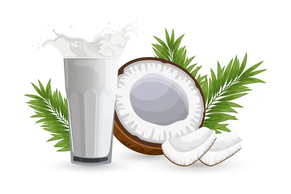 Kokosnuss Eine Halbe Kokosnuss Kokosstückchen Und Ein Glas Milch Mit — Stockvektor
