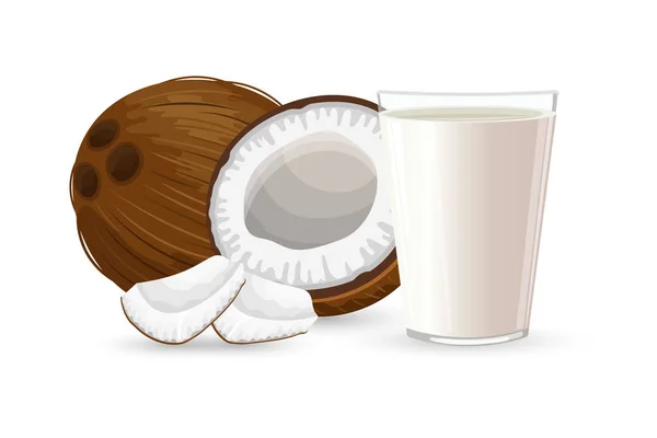 Kokos Půl Kokosu Kousky Kokosu Sklenici Mléka Stříkancem Bílém Pozadí — Stockový vektor