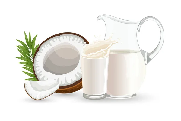 Кокос Наполовину Кокос Глечик Склянка Молока Бризками Білому Тлі Ілюстрація — стоковий вектор