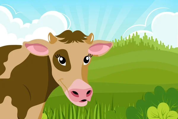 Roztomilá Skvrnitá Kráva Usmívá Pozadí Letní Krajiny Ilustrace Pro Děti — Stockový vektor