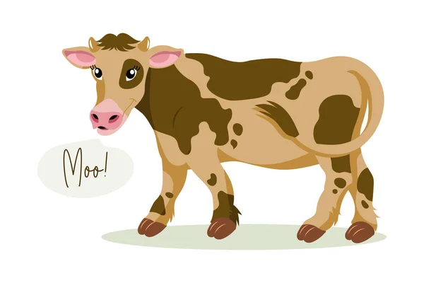 Niedliche Gefleckte Kuh Mit Dem Wort Moo Kinderillustration Flachen Stil — Stockvektor
