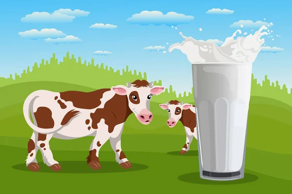 Gefleckte Kühe Auf Der Weide Und Ein Glas Mit Milchspritzer — Stockvektor