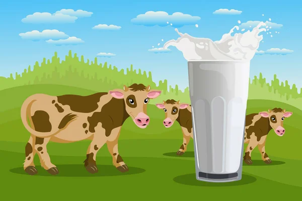 Εντοπίστηκαν Αγελάδες Στο Λιβάδι Και Ένα Ποτήρι Βουτιά Γάλακτος Τοπίο — Διανυσματικό Αρχείο