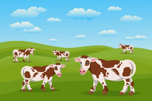 Mignonnes Vaches Tachetées Paysage Estival Troupeau Vaches Paissent Dans Prairie — Image vectorielle