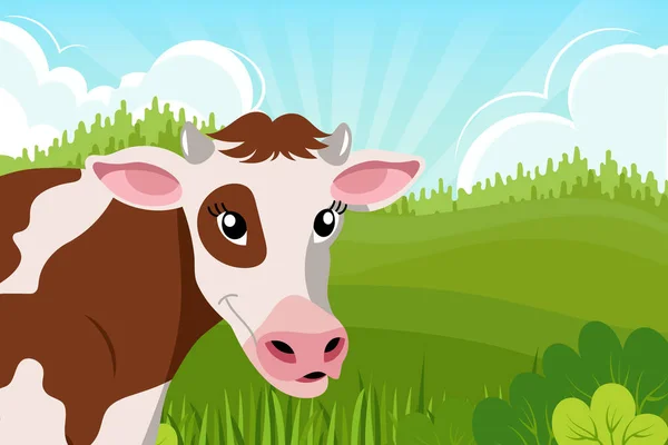 かわいい斑点のある牛は夏の風景の背景に笑みを浮かべています 子供のためのイラスト ベクター — ストックベクタ