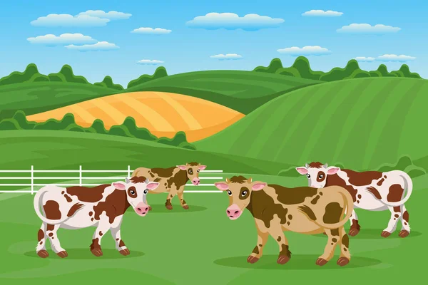 美丽的奶牛在牧场里 夏天的风景 一群奶牛在草地上吃草 — 图库矢量图片