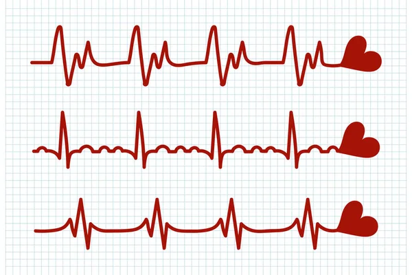 Heartbeat Icons Set Red Heart Beats Checkered Sheet Cardiogram Heart — Stock Vector