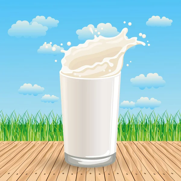 一杯牛奶放在一张木制桌子上 背景是夏日的风景 — 图库矢量图片