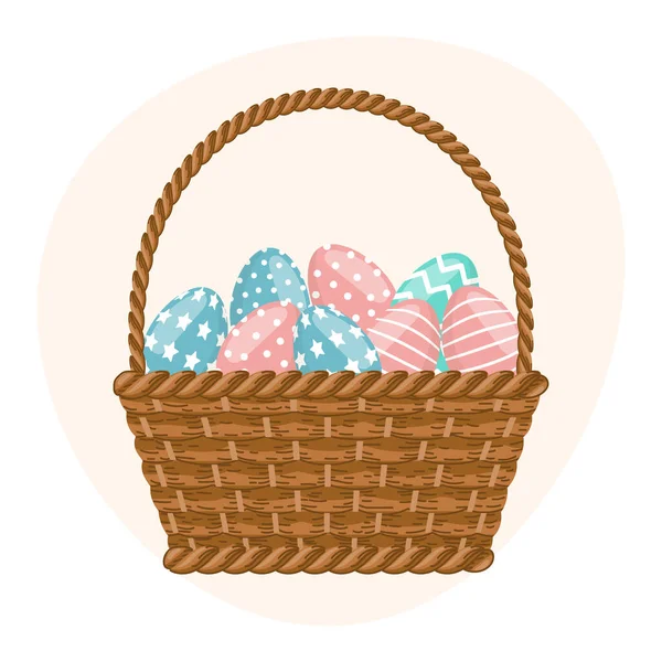 Cesta Mimbre Con Huevos Pascua Ilustración Colorida Pascua Tarjeta Felicitación — Archivo Imágenes Vectoriales