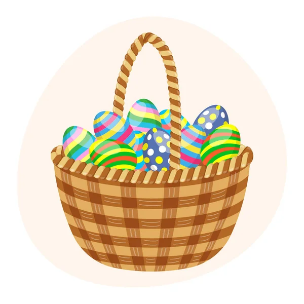 Cesta Mimbre Con Huevos Pascua Ilustración Colorida Pascua Tarjeta Felicitación — Vector de stock