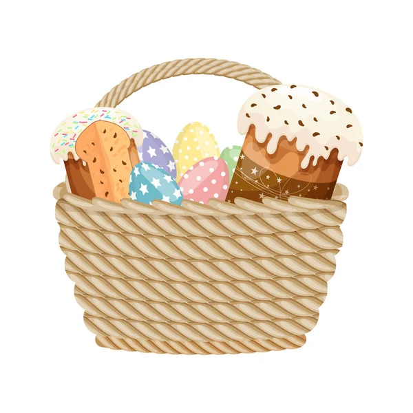 带复活节蛋糕和复活节彩蛋的柳条筐 色彩艳丽的东方插图 — 图库矢量图片