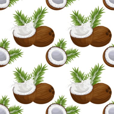 Kusursuz desenler, hindistan cevizi, süte bulanmış hindistan cevizi yarıları ve palmiye yaprakları. Tropik arkaplan, baskı, tekstil, duvar kağıdı, vektör