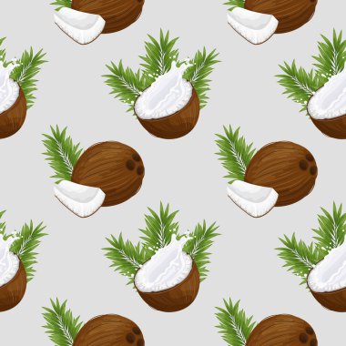 Kusursuz desenler, hindistan cevizi, süte bulanmış hindistan cevizi yarıları ve palmiye yaprakları. Tropik arkaplan, baskı, tekstil, duvar kağıdı, vektör
