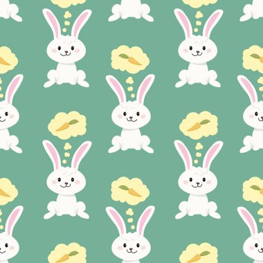 Kusursuz desenli, yeşil arka planda havuçlu şirin Paskalya tavşanları. Çocuk baskısı, arkaplan, tekstil, vektör