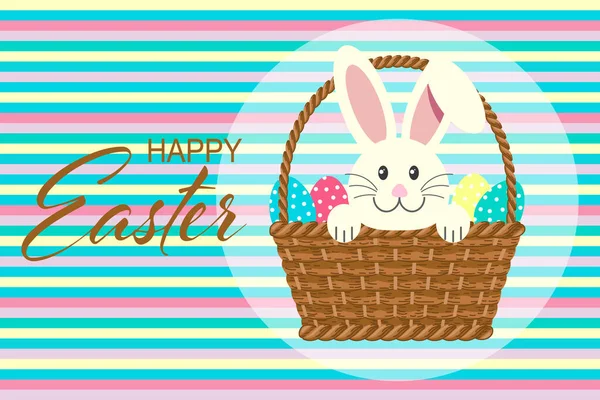 Пасхальная Открытка Милый Кролик Плетеной Корзине Яйцами Детская Печать Иллюстрация — стоковый вектор