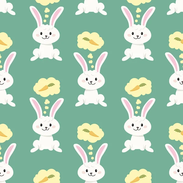 stock vector Seamless pattern, cute Easter bunnies with carrots on a green background. Children's print, background, textile, vector