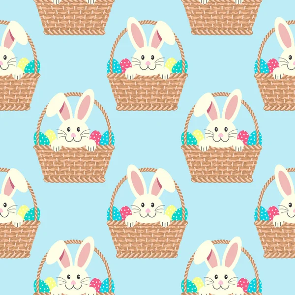 Seamless Pattern Cute Easter Bunnies Baskets Eggs Children Print Background — Stock Vector