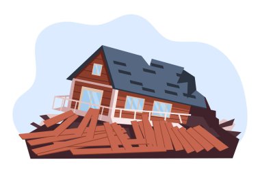 Yıkılmış ev. Kasırga, kasırga, deprem. Doğal afet kavramı. Görüntü, vektör