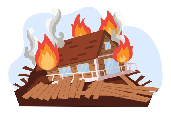 Zniszczony Dom Ogniu Płonący Dom Ogniu Dym Huragan Tornado Trzęsienie — Wektor stockowy