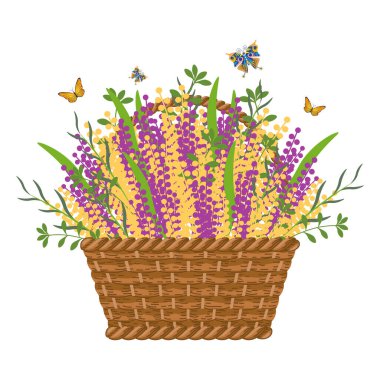 Beyaz arka planda yaban çiçekleri ve kelebekler olan sepet. Görüntü, poster, afiş, vektör