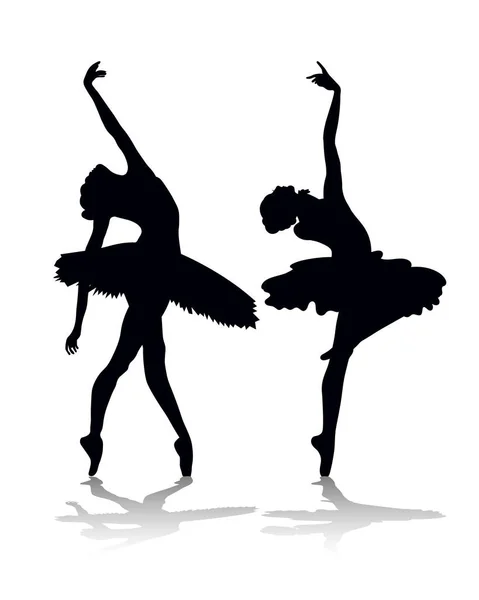 两个芭蕾舞演员的黑色轮廓 女芭蕾舞演员在跳舞 — 图库矢量图片