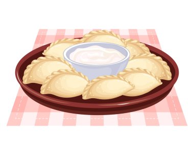 Vareniki with sour cream in a bowl. Ukrainian national cuisine. Food illustration, vector. clipart