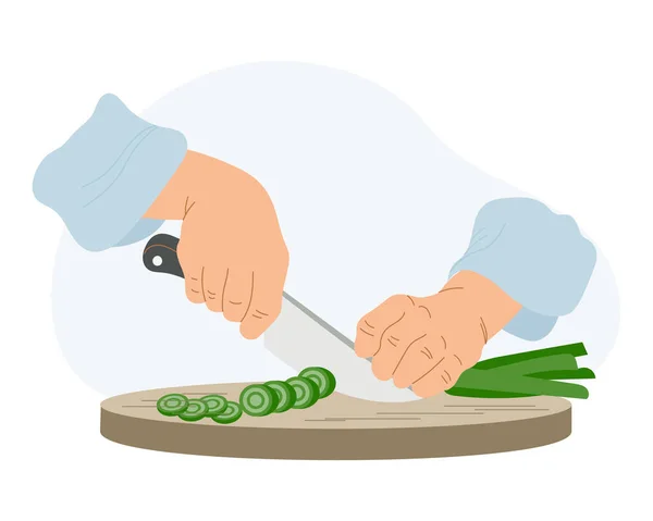 Trabajo Cocinero Cocina Ilustración Las Manos Cortando Cebollas Verdes Con — Vector de stock