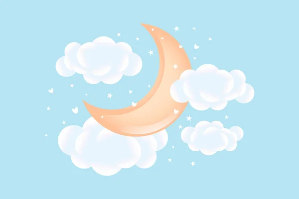 Babydusche Mond Mit Wolken Und Sternen Auf Sanftem Blauem Hintergrund — Stockvektor
