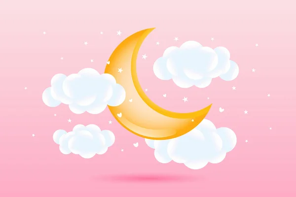Babydusche Halbmond Mit Wolken Und Sternen Auf Rosa Hintergrund Kindliches — Stockvektor
