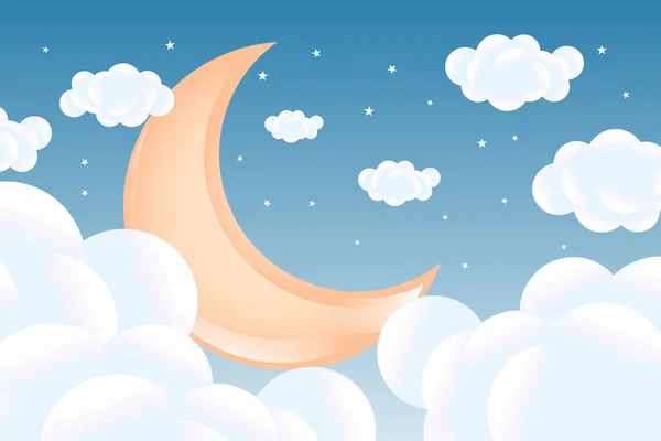 Baby Shower Luna Crescente Con Nuvole Uno Sfondo Blu Morbido — Vettoriale Stock
