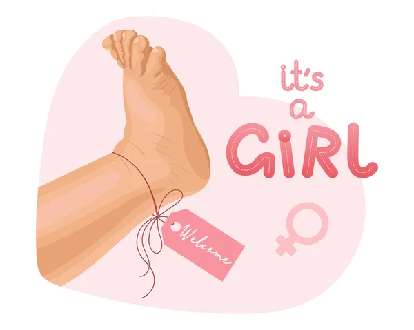Детская Ножка Розовой Этикеткой Надписью Руки Девочка Икона Логотип Иллюстрация — стоковый вектор