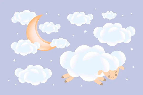 Babydusche Schafe Schlafen Auf Einer Wolke Mit Einem Wachsenden Mond — Stockvektor