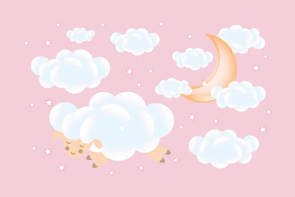 3Dベビーシャワー ピンクの背景に雲がある成長する月と雲の上で羊の睡眠 パステルカラーの子供用デザイン イラスト ベクトル — ストックベクタ