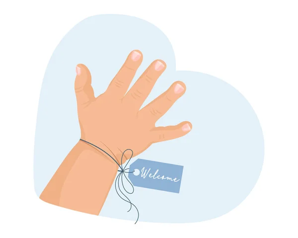 小男孩的手 蓝色的欢迎标签 新生儿插图 — 图库矢量图片
