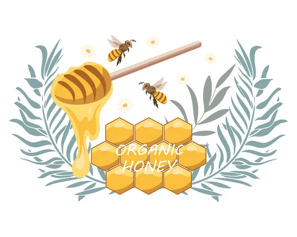 Wabe Mit Honigdipper Und Bienen Biohonig Vektorabbildung Symbol Logo — Stockvektor