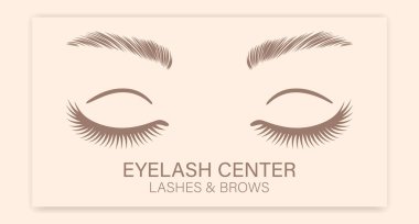 Uzun kirpikleri ve kaşları olan kadın gözleri. Kirpik ve kaş ortası için güzellik logosu. Logo, kartvizit, vektör