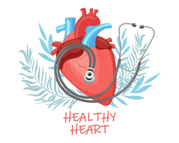 Corazón Humano Sano Con Estetoscopio Fondo Hojas Flores Concepto Medicina — Vector de stock