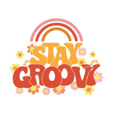 Letting Stay kanalı gökkuşağı ve çiçeklerle dolu. El yazısı kaligrafik yazması, cümle. Bebek baskısı, çizgi film logosu, vektör