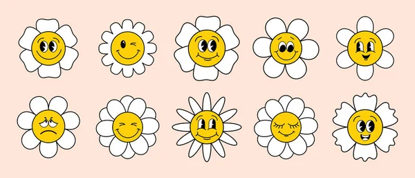 Zestaw Odjazdowych Emotikonów Kwiatami Emoji Retro Groove Design Styl Lat — Wektor stockowy