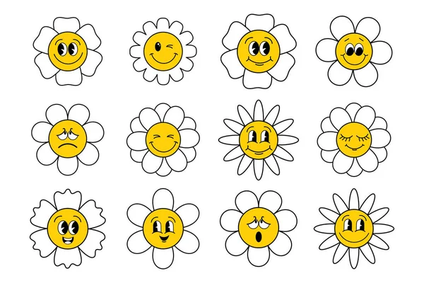 Zestaw Odjazdowych Emotikonów Kwiatowych Kreskówka Kwiaty Uśmiechniętą Twarzą Retro Rowek — Wektor stockowy