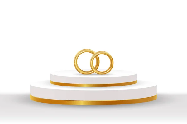 Pódio Branco Dourado Com Anéis Casamento Ouro Fundo Branco Ilustração — Vetor de Stock