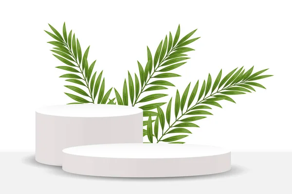 Beyaz Arka Planda Palmiye Yaprakları Olan Beyaz Bir Podyum Kaide — Stok Vektör