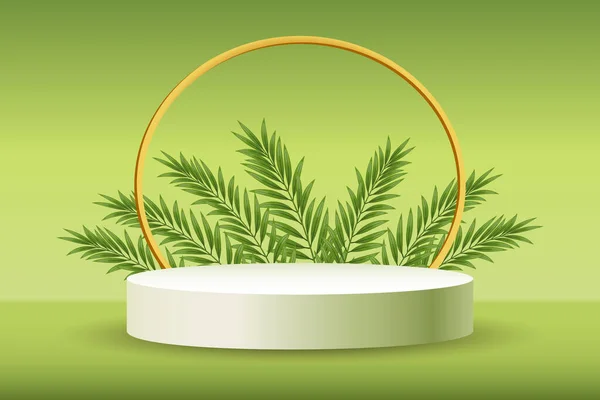 用棕榈叶装饰的白色讲台 在精致的绿色背景上展示产品 3D插图 — 图库矢量图片
