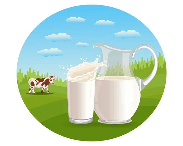 World Milk Day Jug Glass Milk Background Landscape Cow Banner — Stock Vector