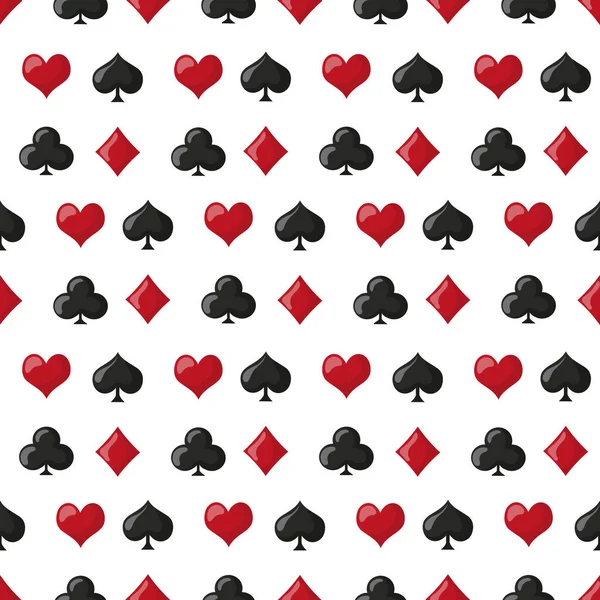 Bezešvé Vzory Hraní Symbolů Srdcí Piků Diamantů Holí Bílém Pozadí — Stockový vektor